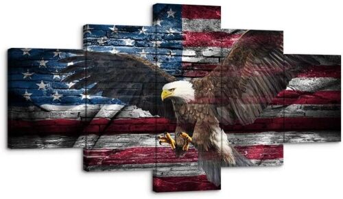 Retro USA American Flag Bald Eagle 5 Panel Canvas Wall Art, 60" x 32" - Lot 149