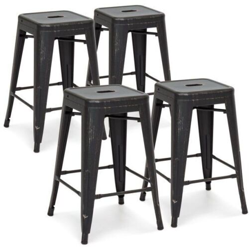 24in Set of 4 Stackable Modern Industrial Metal Counter Height Bar Stools, Bronzed Black - Lot 333