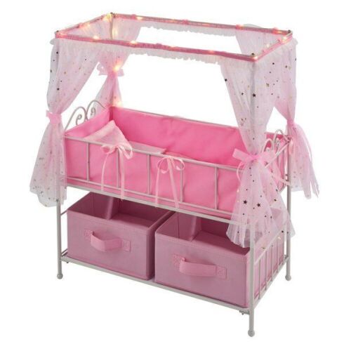 Badger Basket Starlights Metal Doll Crib with Canopy, Bedding, Storage and Led Lights - Lot 334