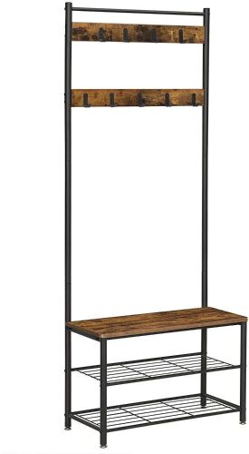 VASAGLE Industrial Coat Tree, Hallway Shoe Rack and Bench with Shelves - Lot 570