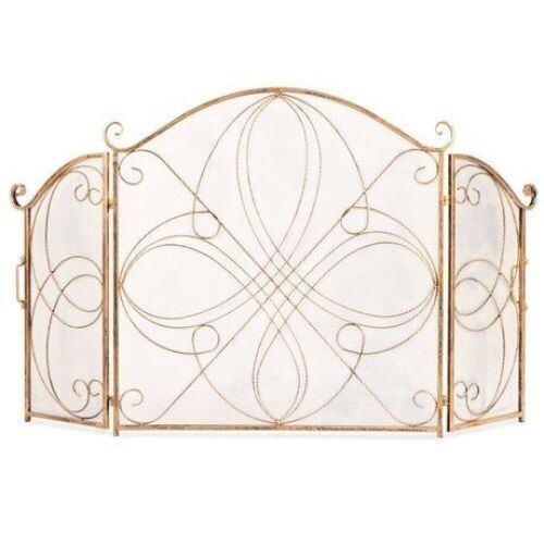 3-Panel Wrought Iron Metal Fireplace Screen Cover w/ Scroll Design - 55x33in - Lot 939