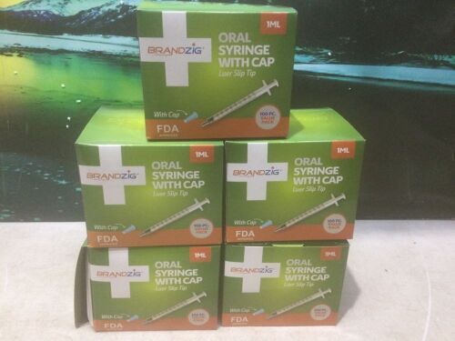 Lot of (5) BRANDZIG 1ml Oral Syringe with Cap, Individually Wrapped Medicine Dropper for Infants & Pets, 100 Pc - Lot 1180