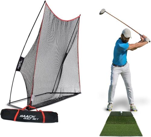 Rukket 3pc Golf Net Bundle, 10x7ft Haack Golf Hitting Net, Tri Turf Mat & Carry Bag - Lot 1191