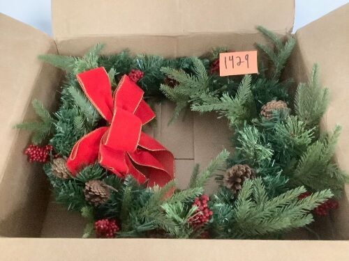 Pre-Lit Battery Powered Christmas Wreath w/ Lights, PVC Tips, Ribbon - Lot 1429