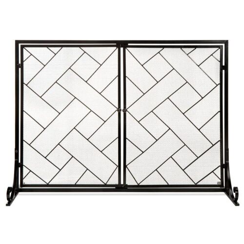2-Panel Wrought Iron Geometric Fireplace Screen w/ Magnetic Doors - 44x33in - Lot 435