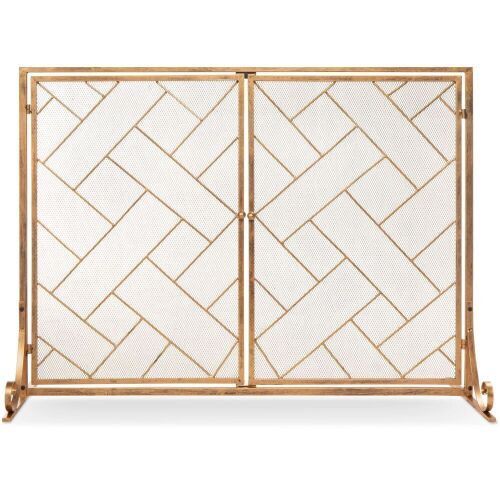 2-Panel Wrought Iron Geometric Fireplace Screen w/ Magnetic Doors - 44x33in - Lot 452