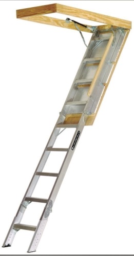 Louisville Ladder Elite Series Aluminum Attic Ladder, Opening 22.5" x 54", Fits Ceiling Heights 7' 8" - 10' 3" - Lot 54