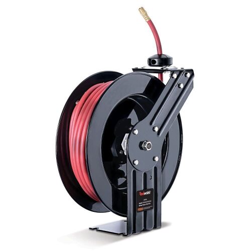 ReelWorks Air Hose Reel 3/8" Inch x 50' Foot SBR Rubber Hose Max 300PSI Commercial Steel Construction - Lot 93
