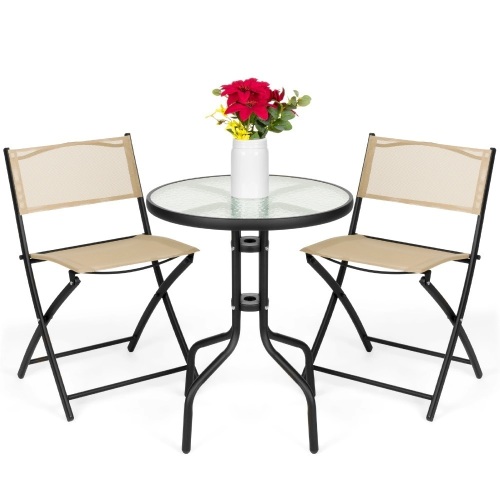 3-Piece Bistro Set w/ Glass Table, 2 Foldable Chairs  - Lot 890