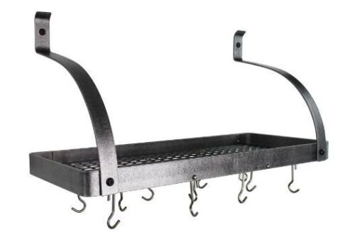 Handcrafted 36 in. Hammered Steel Gourmet Deep Bookshelf Wall Rack with Curved Arm with 12-Hooks - Lot 1012