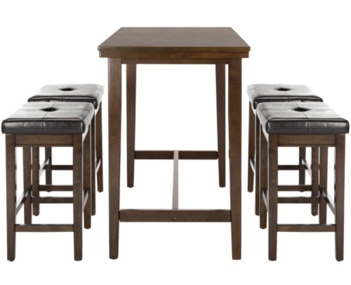 Safavieh Furniture - "Billy" 5 Piece Pub Set. Dark Mahogany Wood w/ Brown Leather Seat Cushions. Appears New. **Over $400 Retail Value** - Lot 90