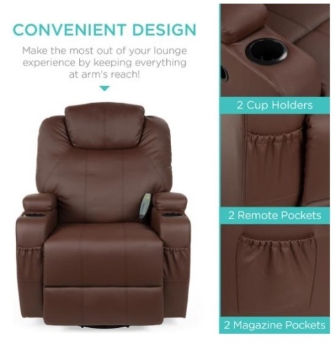 Faux Leather Swivel Glider Massage Recliner Chair w/ Remote Control, 5 Modes, Brown. Appears New. **Retail Value $350**  - Lot 92