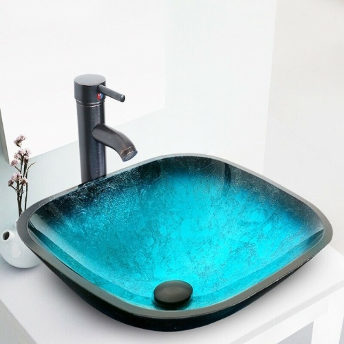 16.5" Turquoise Square Bathroom Tempered Glass Vessel Sink Combo w/ Faucet & Pop-Up Drain. Appears New.  - Lot 141