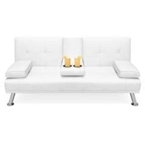 Faux Leather Upholstered Convertible Sofa Bed Futon w/ 2 Cupholders, White. Appears New.  - Lot 211