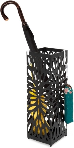 Modern Square Metal Entryway Umbrella Storage Stand w/ 2 Hooks, Drain Tray, Floor Protection, Black. Appears New.  - Lot 231