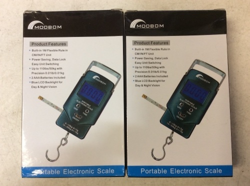 Lot of (2) MOOBOM Portable Backlit LCD Display Digital Fishing and Luggage Hanging Hook Scales, 110lb. Appear New - Lot 247