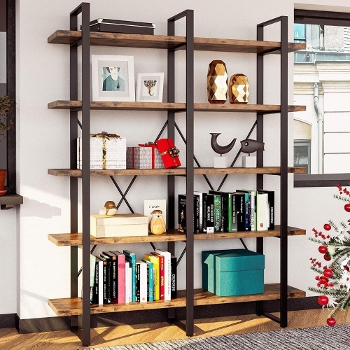 IRONCK Industrial Bookshelf and Bookcase Double Wide 5 Tier, Large Open Shelves, Wood and Metal. Appears New - Lot 429