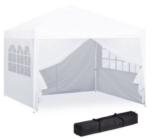 10' x 10' Portable Pop Up Canopy/Tent w/Detachable Window Walls, Zip-Up Doorway & Carrying Bag, White. Appears New w/ Damaged Box.  - Lot 465