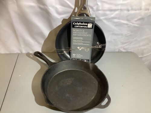 Lot of (3) Fry Pans, 2 10" Nonstick, 1 Iron Skillet, Ecommerce Return - Lot 173