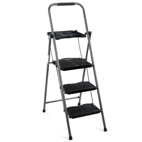 3-Step Folding Steel Ladder w/ Utility Tray, Hand Grip, 330lb Capacity - Lot 742