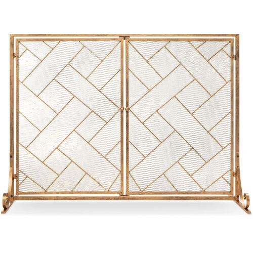 2-Panel Wrought Iron Geometric Fireplace Screen w/ Magnetic Doors - 44x33in - Lot 754