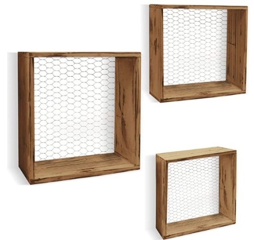 Set of 3 Wooden Chicken Wire Floating Shelves, Appears New - Lot 118