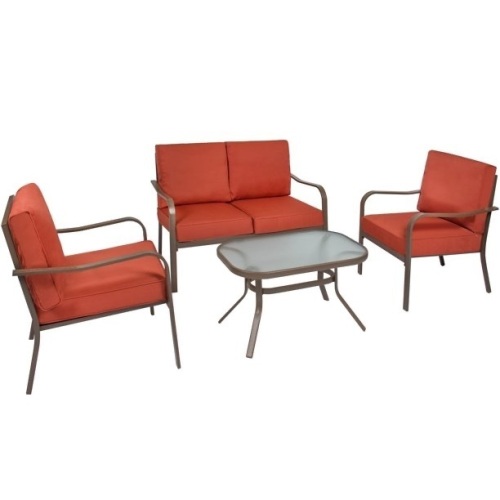4-Piece Cushioned Patio Furniture Conversation Set w/ Loveseat, 2 Chairs, Coffee Table - Red  - Lot 91