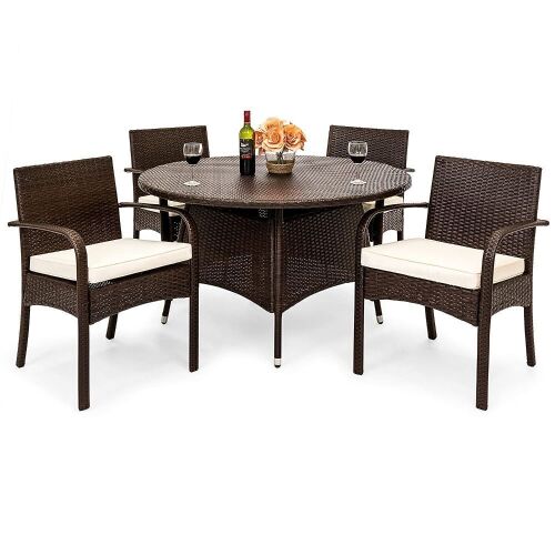 5-Piece Patio Wicker Dining Set Furniture w/Round Table, 4 Chairs, Cushions - Lot 166