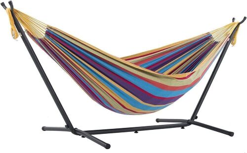 Vivere Double Cotton Hammock with Space Saving Steel Stand, Tropical, 450 lb Capacity - Lot 278