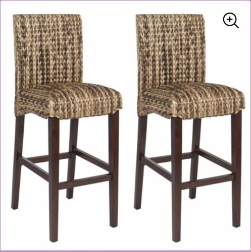 Set of 2 Hand Woven Seagrass Bar Stools, Mahogany Wood - Lot 358