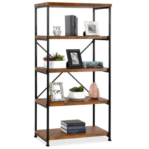 5-Tier Industrial Bookshelf w/ Metal Frame, Wood Shelves  - Lot 526