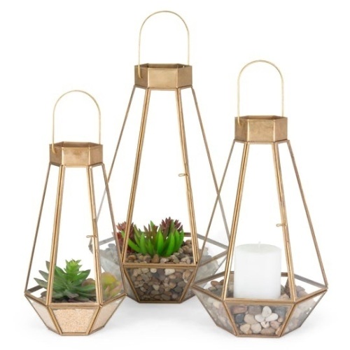 Set of 3 Indoor Outdoor Decorative Metal Faceted Hurricane Candle Lanterns w/ Clear Glass - Brass  - Lot 543