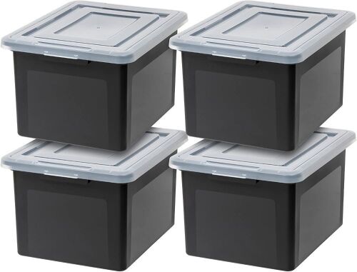 IRIS USA Letter & Legal Size Plastic Storage Bin File Box with Durable and Secure Latching Lid, Stackable and Nestable, 4 Pack - Lot 758