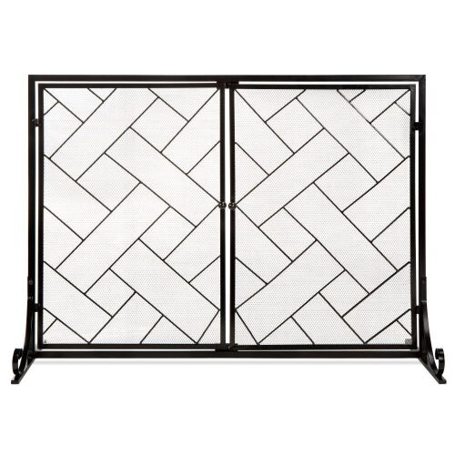 2-Panel Wrought Iron Geometric Fireplace Screen w/ Magnetic Doors - 44x33in - Lot 847
