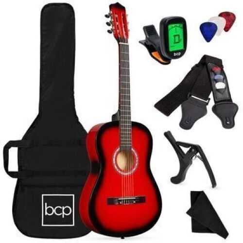 Beginner Acoustic Guitar Set w/ Case, Strap, Digital Tuner, Strings - 38in - Lot 858