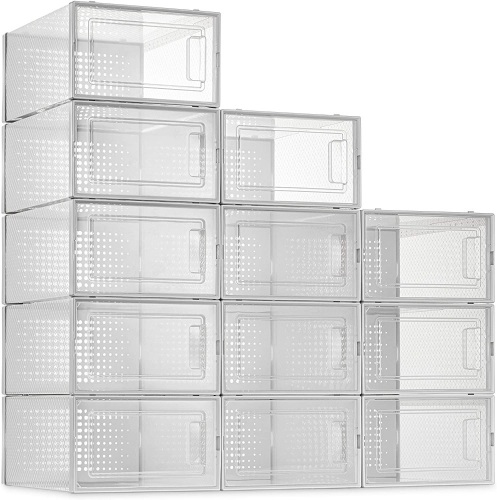SESENO. 12 Pack Clear Plastic Stackable Shoe Organizer Bins, Drawer Type Front Opening - Lot 919
