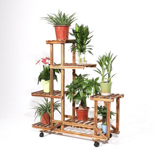 6 Tier Wooden Plant Stand with Wheels    - Lot 926