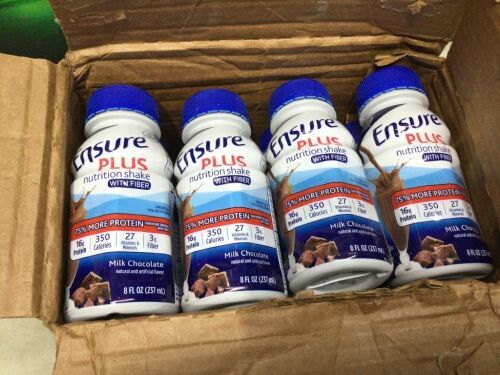 Case of (24) Ensure Plus Nutrition Shake with Fiber, Chocolate, 8 Fl Oz  - Lot 940