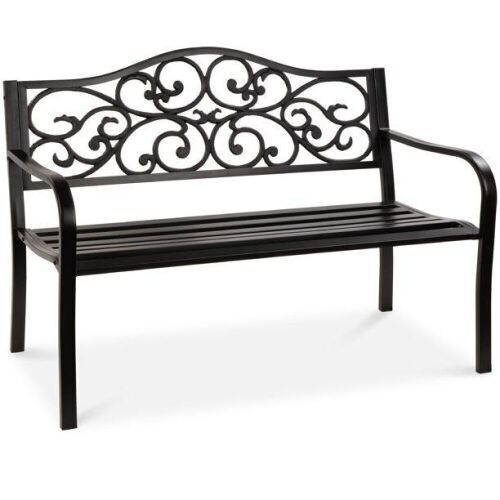 50in Classic Steel Patio Garden Bench w/ Decorative Floral Scroll Design - Lot 1019