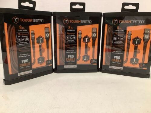 Lot of (3) ToughTested 8 Ft, Charge and Sync Cable, Appears New - Lot 515