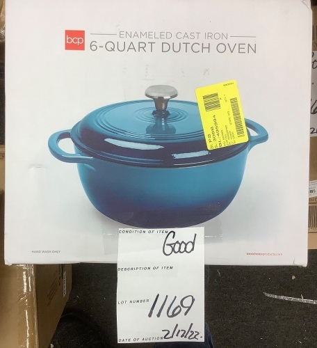 6qt Non-Stick Enamel Cast-Iron Dutch Oven Kitchen Cookware w/ Side Handles - Lot 1169