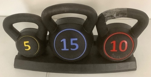 3-Piece Kettlebell Exercise Fitness Weight Set w/ Storage Rack - 10lb Has Cracked Handle - Lot 1824