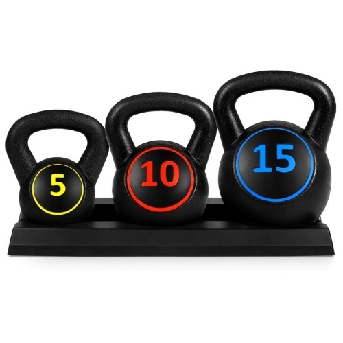 3-Piece Kettlebell Exercise Fitness Weight Set w/ Storage Rack - Lot 1862