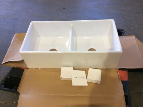 SINKOLOGY Farmhouse Apron Front 36-in x 18-in Crisp White Double Equal Bowl Kitchen Sink - See Pics - Lot 150