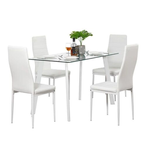 5 Piece Kitchen Dining Table Set with Glass Table Top, Leather Padded Chairs and Metal Frame Table - Lot 259
