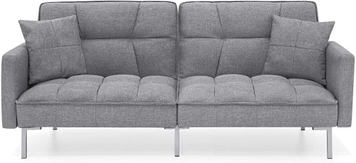 Linen Upholstered Tufted Convertible Splitback Sleeper Futon w/Pillows, Dark Gray. Appears New - Lot 92