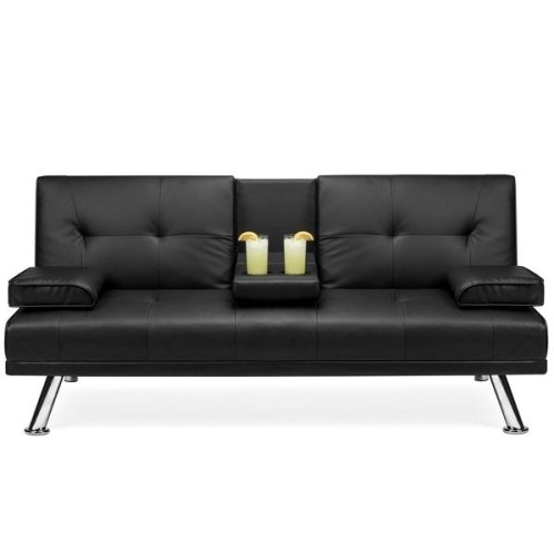 Faux Leather Upholstered Convertible Sofa Bed Futon w/ 2 Cupholders. Appears New - Lot 93