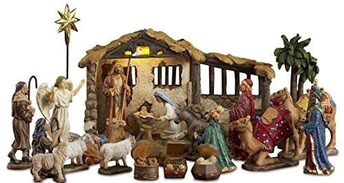 Three Kings Gifts 23 Pieces, 5-Inch The Real Life Nativity – Includes Lighted Stable, Palm Tree and Chests of Gold, Frankincense and Myrrh. Appears New - Lot 143
