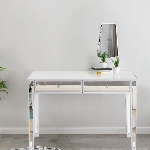 Goujxcy Mirrored Makeup Table Desk with 2 Drawers, Smooth Silver Finish - E-Comm Return, Appears New  - Lot 230