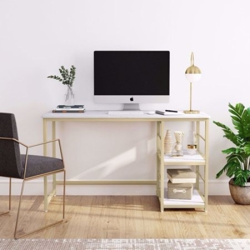 Tribesigns 55" Computer Desk with 2-Tier Storage Shelves, Faux Marble, White and Gold - E-Comm Return, Appears New in Damaged Box - Lot 232